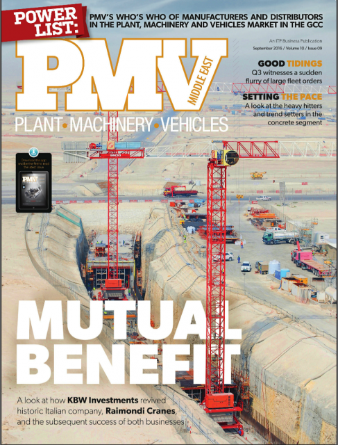 PMV (Plants, Machinery, Vehicles) September 2016 edition cover story highlighting KBW Investments and Raimondi Cranes