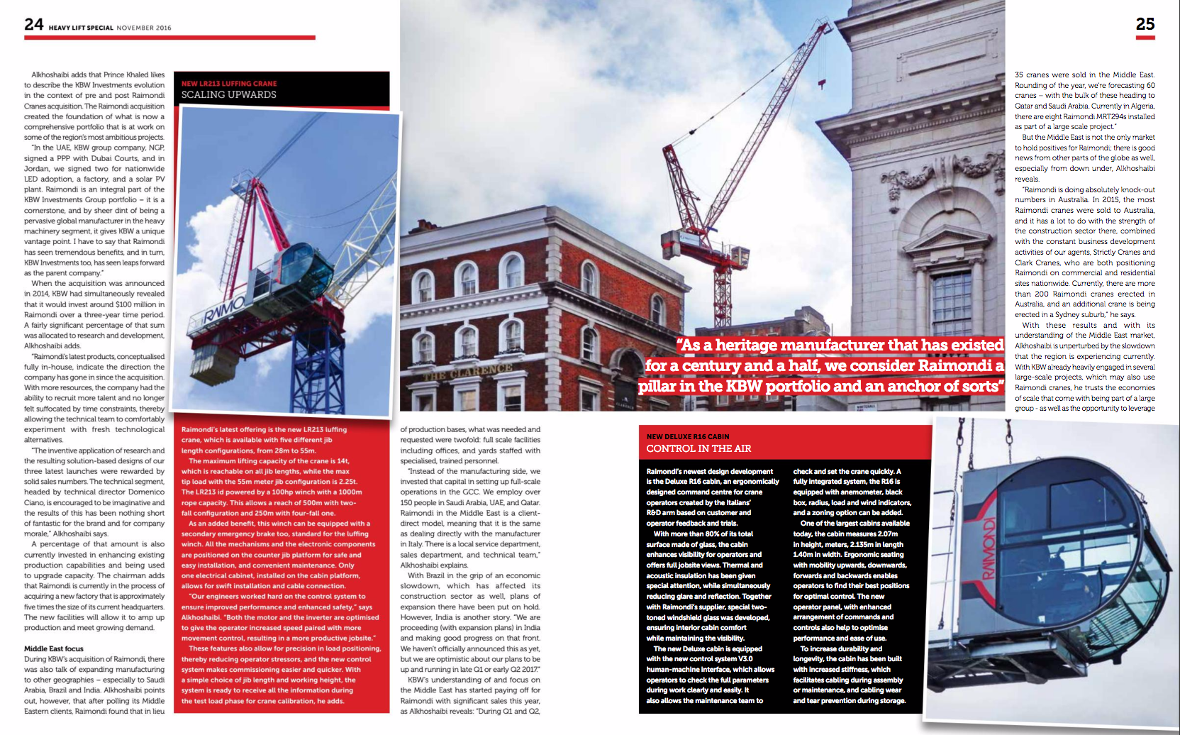 Raimondi Cranes in the November 2016 edition of Construction Machinery Middle East in a long-form feature