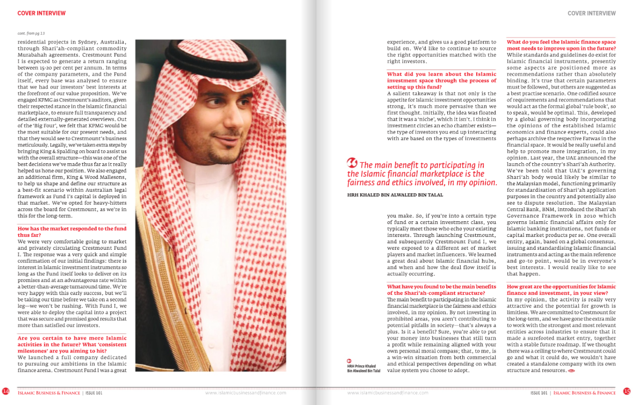 HRH Prince Khaled bin Alwaleed bin Talal in the February 2017 edition of Islamic Business & Finance magazine